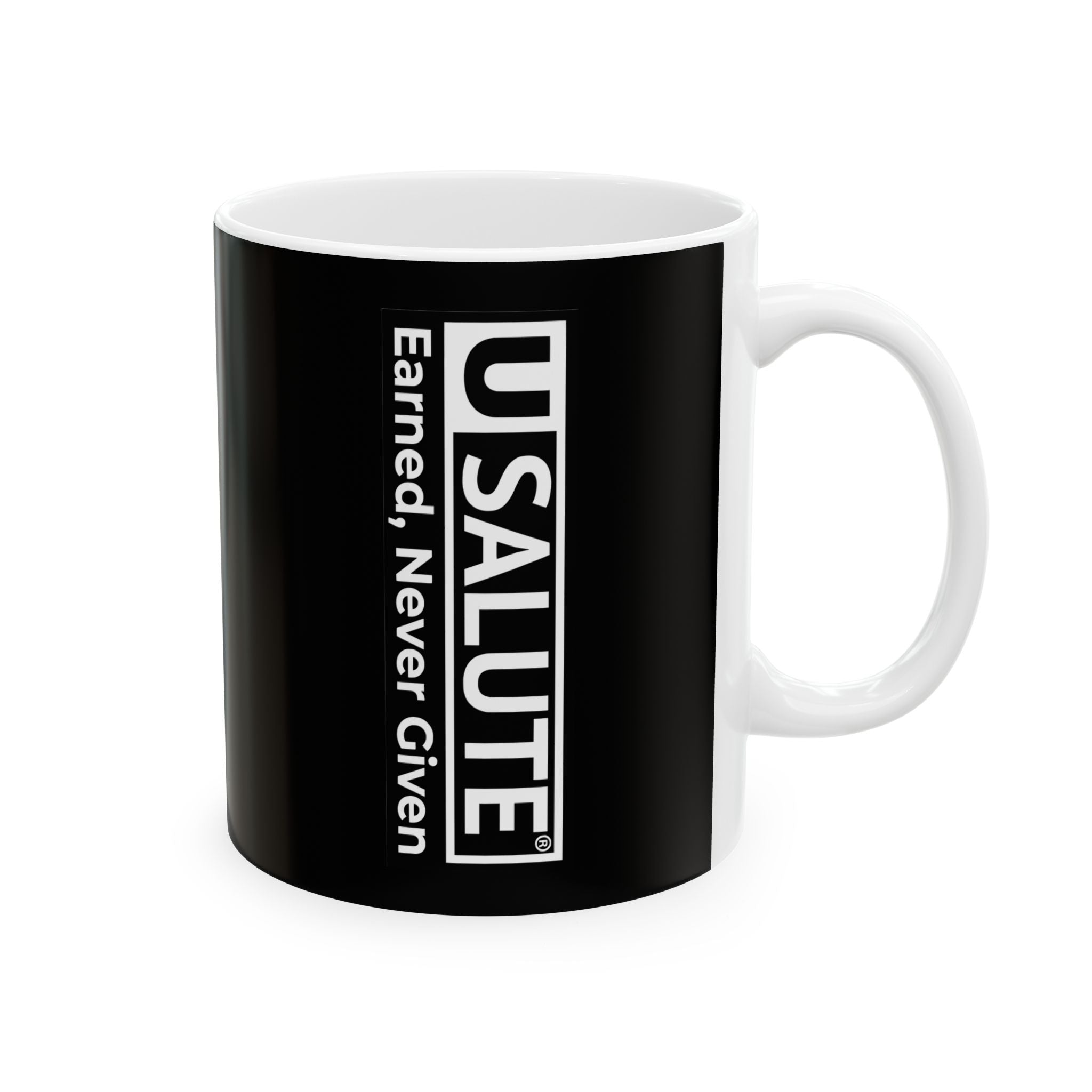 Black Ceramic USalute Logo Mug with Vertical White Handle Panel — Minimalist Coffee Cup (11oz, 15oz)