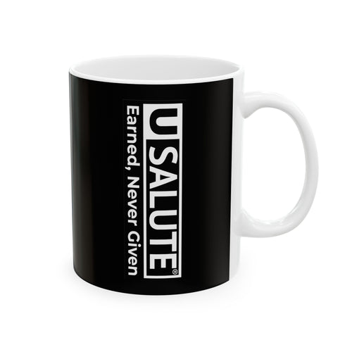 Black Ceramic USalute Logo Mug with Vertical White Handle Panel — Minimalist Coffee Cup (11oz, 15oz)
