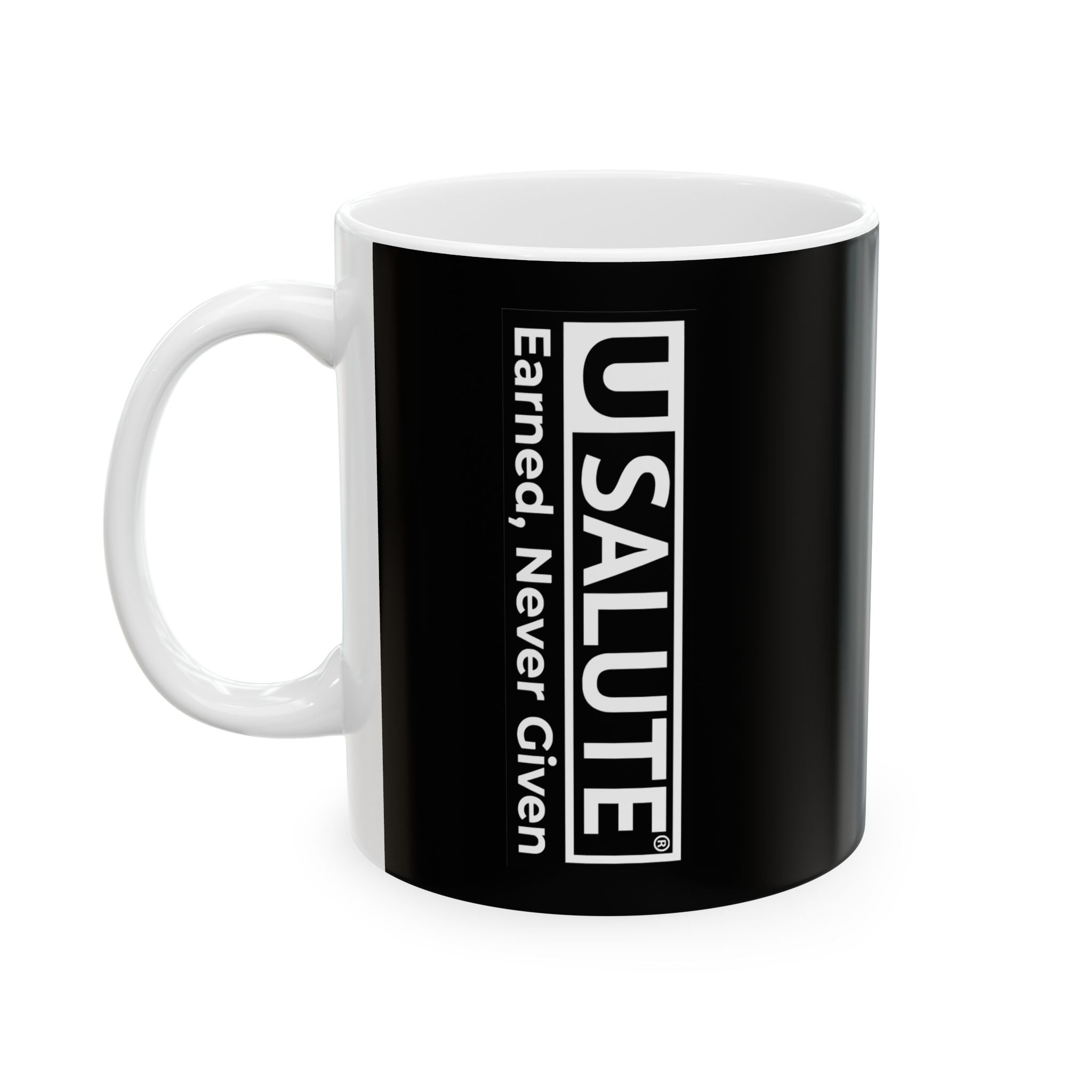 Black Ceramic USalute Logo Mug with Vertical White Handle Panel — Minimalist Coffee Cup (11oz, 15oz)